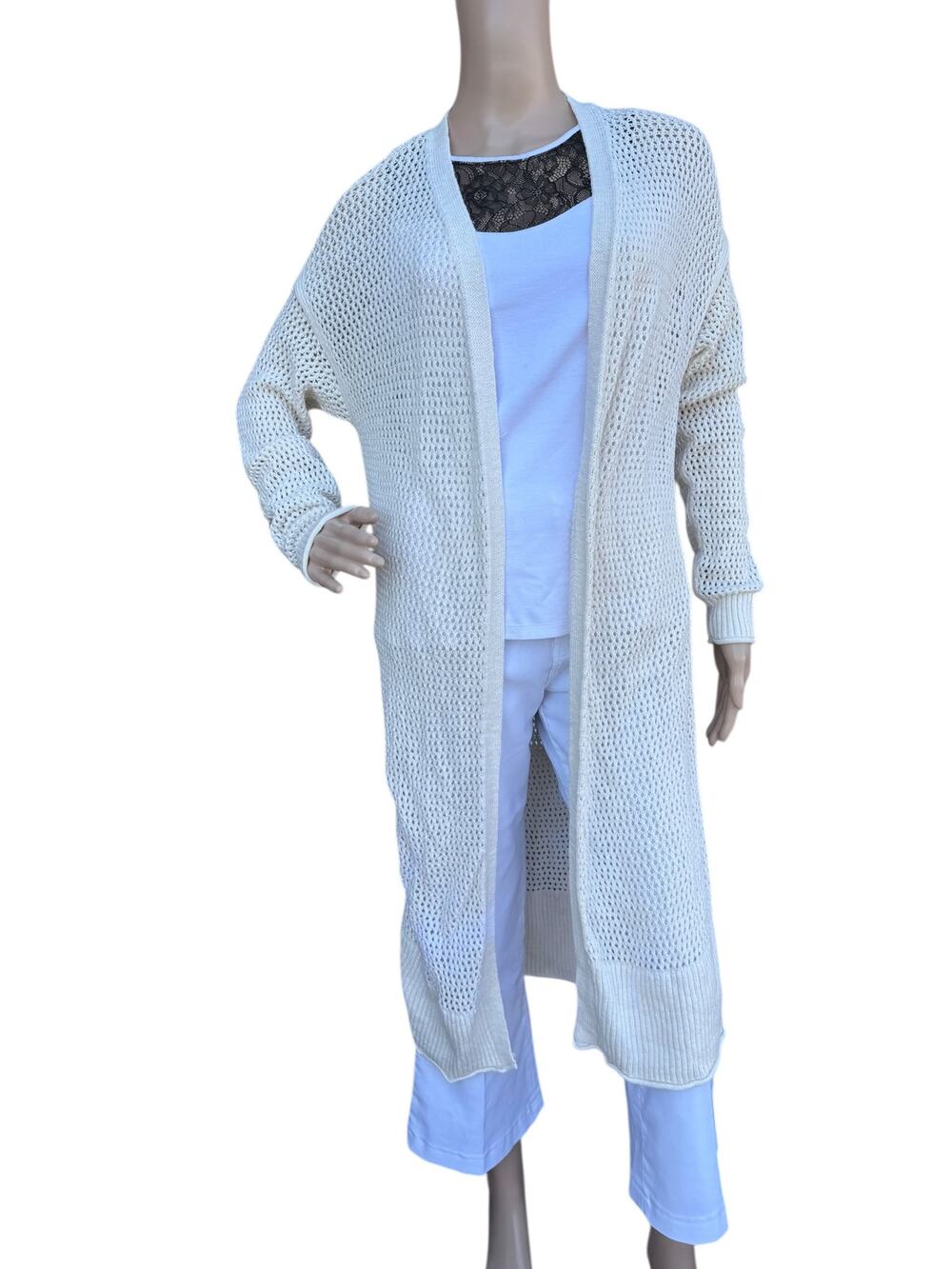 Universal Thread Cream Open Knit Duster Cardigan Cotton Side Slits Small S 42"